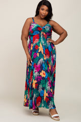 Black Tropical Floral Satin Pleated Plus Maxi Dress