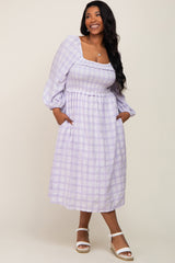 Lavender Plaid Smocked Square Neck Lace-Up Back Maternity Plus Midi Dress