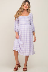 Lavender Plaid Smocked Square Neck Lace-Up Back Maternity Midi Dress