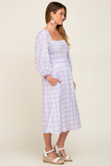 Lavender Plaid Smocked Square Neck Lace-Up Back Midi Dress