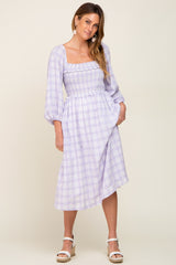 Lavender Plaid Smocked Square Neck Lace-Up Back Midi Dress