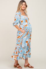 Light Blue Floral Square Neck Ruffle Hem Maternity Maxi Dress