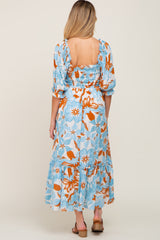 Light Blue Floral Square Neck Ruffle Hem Maternity Maxi Dress