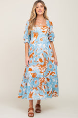 Light Blue Floral Square Neck Ruffle Hem Maternity Maxi Dress