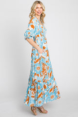 Light Blue Floral Square Neck Ruffle Hem Maxi Dress