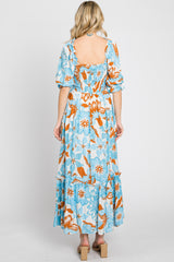 Light Blue Floral Square Neck Ruffle Hem Maxi Dress