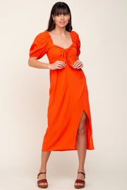 Orange Linen Front Tie Short Puff Sleeve Wrap Front Midi Dress