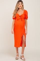 Orange Linen Front Tie Short Puff Sleeve Wrap Front Maternity Midi Dress