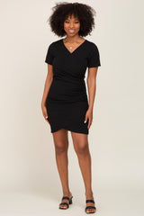 Black Ruched Wrap Tulip Hem Fitted Dress