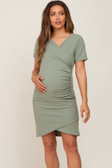 Sage Ruched Wrap Tulip Hem Fitted Maternity/Nursing Dress