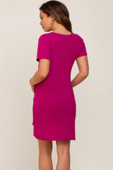 Magenta Ruched Wrap Tulip Hem Fitted Maternity/Nursing Dress