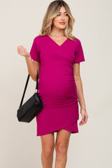 Magenta Ruched Wrap Tulip Hem Fitted Maternity/Nursing Dress