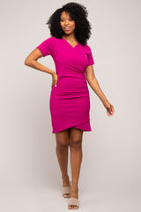 Magenta Ruched Wrap Tulip Hem Fitted Maternity/Nursing Dress