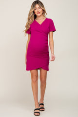 Magenta Ruched Wrap Tulip Hem Fitted Maternity/Nursing Dress