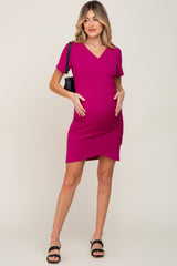 Magenta Ruched Wrap Tulip Hem Fitted Maternity/Nursing Dress