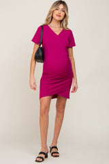 Magenta Ruched Wrap Tulip Hem Fitted Maternity/Nursing Dress