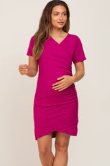 Magenta Ruched Wrap Tulip Hem Fitted Maternity/Nursing Dress