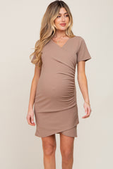 Taupe Ruched Wrap Tulip Hem Fitted Maternity/Nursing Dress