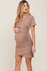 Taupe Ruched Wrap Tulip Hem Fitted Maternity/Nursing Dress