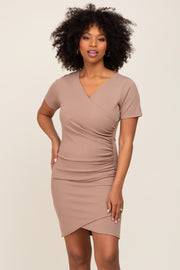 Taupe Ruched Wrap Tulip Hem Fitted Dress