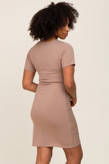 Taupe Ruched Wrap Tulip Hem Fitted Dress