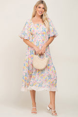 Ivory Floral Chiffon Ruffle Square Neck Puff Sleeve Midi Dress