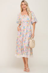 Ivory Floral Chiffon Ruffle Square Neck Puff Sleeve Maternity Midi Dress