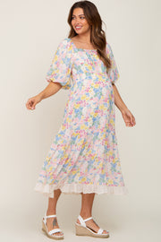 Ivory Floral Chiffon Ruffle Square Neck Puff Sleeve Maternity Midi Dress