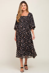 Black Floral 3/4 Sleeve Ruffle Maternity Midi Dress