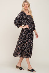 Black Floral 3/4 Sleeve Ruffle Midi Dress