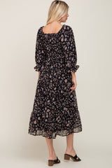 Black Floral 3/4 Sleeve Ruffle Midi Dress