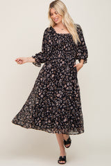 Black Floral 3/4 Sleeve Ruffle Midi Dress