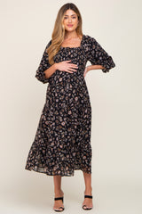 Black Floral 3/4 Sleeve Ruffle Maternity Midi Dress