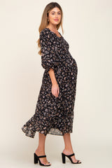 Black Floral 3/4 Sleeve Ruffle Maternity Midi Dress