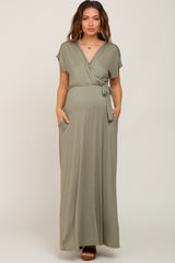 Light Olive Basic Maternity Wrap Maxi Dress