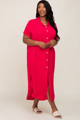 Fuchsia Button Down Hi Low Plus Maxi Dress