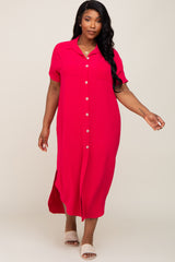 Fuchsia Button Down Hi Low Maternity Plus Maxi Dress