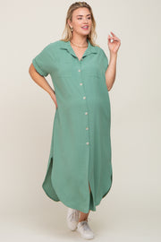 Green Button Down Hi Low Maternity Plus Maxi Dress