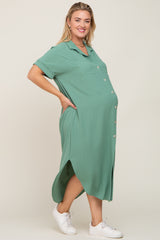 Green Button Down Hi Low Maternity Plus Maxi Dress