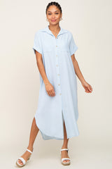 Light Blue Button Down Hi Low Maternity Maxi Dress