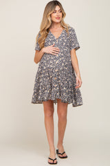 Black Floral Button Front Tiered Short Sleeve Maternity Dress