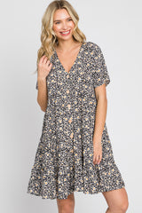 Black Floral Button Front Tiered Short Sleeve Maternity Dress