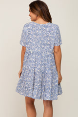 Blue Floral Button Front Tiered Short Sleeve Maternity Dress