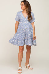 Blue Floral Button Front Tiered Short Sleeve Maternity Dress