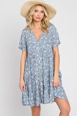 Blue Floral Button Front Tiered Short Sleeve Dress