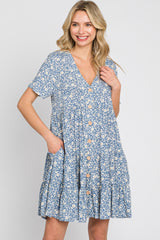 Blue Floral Button Front Tiered Short Sleeve Dress