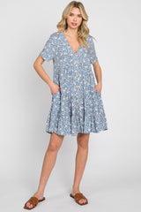 Blue Floral Button Front Tiered Short Sleeve Dress