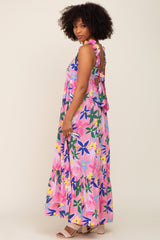 Pink Floral Ruffle Back Tie Maxi Dress