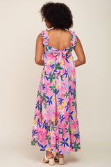 Pink Floral Ruffle Back Tie Maxi Dress