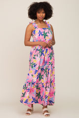 Pink Floral Ruffle Back Tie Maxi Dress